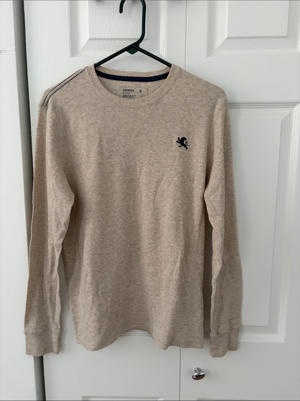 Express Neutral Beige Crewneck with Navy Lion Emblem